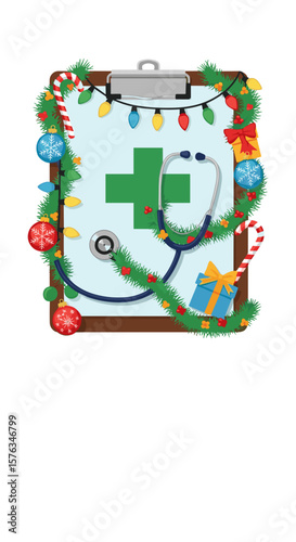 Medical Christmas party invitation with clip board against white, with copy space. Christmas party invitation for doctors