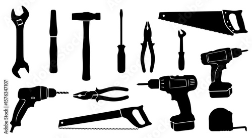 Set of different tools and equipment black silhouettes isolated on a transparent or white background, vector illustration