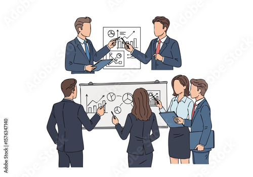 Handdrawn Outline Business People Meeting Presentation Discussion Illustration
