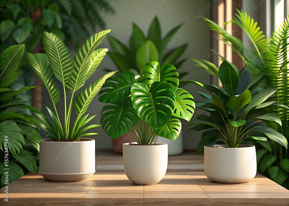 Fototapeta premium Three potted tropical houseplants on wooden surface with green foliage and white pots