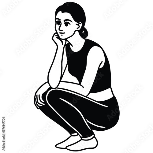 Woman in athletic wear crouching with hand on chin contemplative pose silhouette