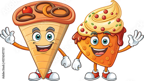 Pizza cone and pizza slice cartoon friends