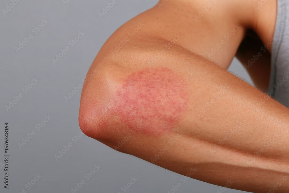 Fototapeta premium Red, irritated skin on arm indicates potential allergic reaction or inflammatory skin condition concern.
