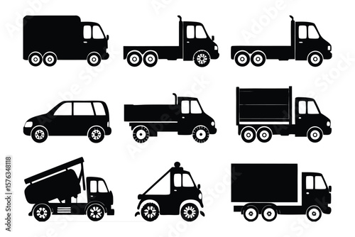 Transportation Silhouettes: A clean and modern array of various vehicle silhouettes, each meticulously crafted to represent different types of transport. Capturing simplicity and versatility.