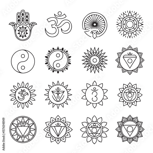 A grid of spiritual and yoga icons featuring om, hamsa, yin yang, sun symbols, and chakras