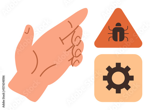 Open hand near a bug warning icon and a gear symbol emphasizes debugging, fixing errors, process improvement, troubleshooting, maintenance, development, or teamwork concepts. Ideal for issue