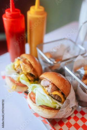 Classic Diner Cheeseburgers with Fries and Drinks
