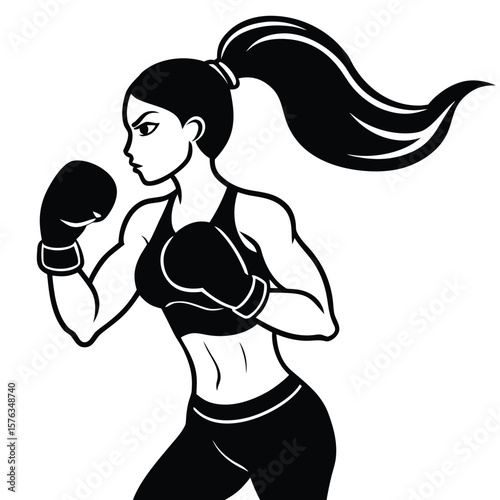 Athletic woman boxer silhouette in fighting stance with high ponytail silhouette