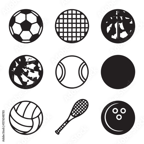 A collection of black and white icons representing various sports balls and equipment