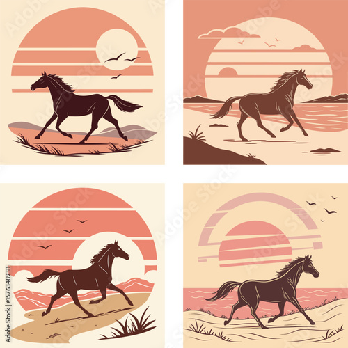 A silhouette of a horse runing on a beach with a retro sunset. 