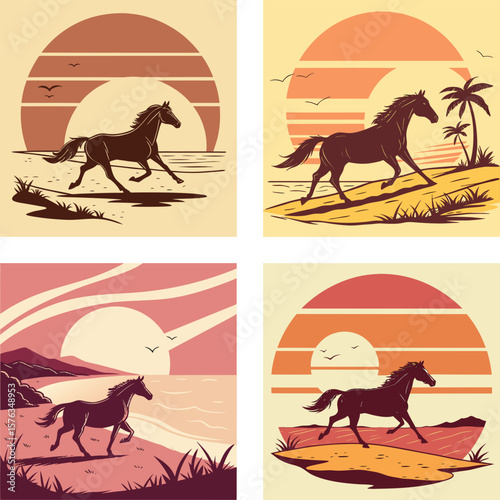 A silhouette of a horse runing on a beach with a retro sunset. 