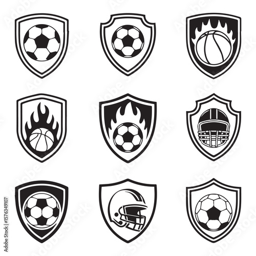 A set of black and white shield icons featuring sports like soccer, basketball, and football