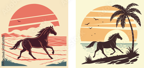 A silhouette of a horse runing on a beach with a retro sunset. 