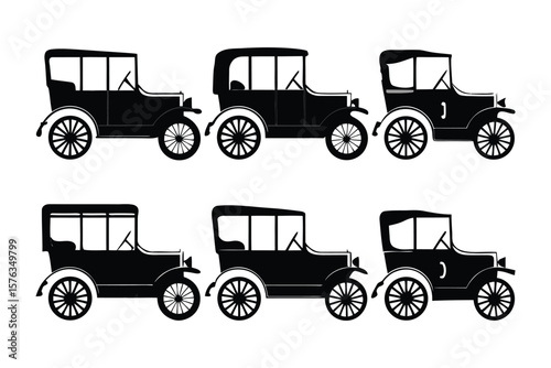 Vintage Car Silhouettes: A collection of meticulously rendered silhouettes of vintage cars, evocative of classic automotive design from a bygone era. They're ideal for projects related to transport.