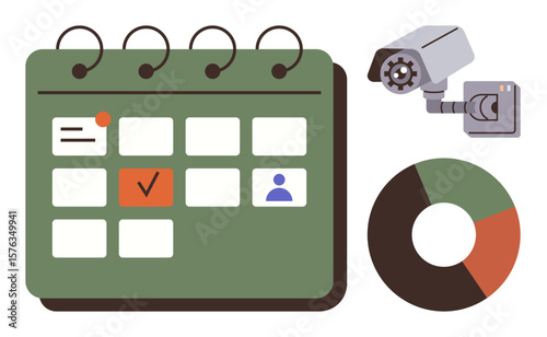 Calendar with marked tasks, a surveillance camera, and a pie chart. Ideal for scheduling, planning, productivity, organization, monitoring analytics and security concepts. Simple flat metaphor