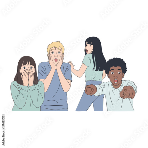 Flat Illustration Diverse Group of People Shocked and Surprised Expression on Faces
