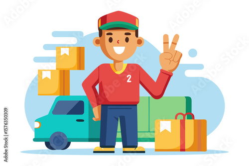 Speedy Delivery at Your Doorstep: A cheerful courier, ready to deliver your packages with a friendly smile, standing beside his delivery vehicle, showcasing efficient service.
