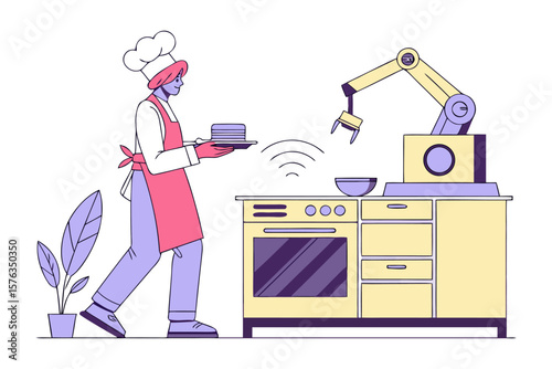 Robotic Chef Serves AI Dessert: A modern chef works seamlessly alongside a robotic arm, presenting a futuristic dessert.