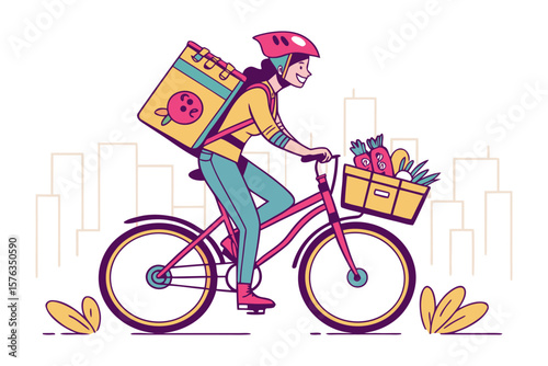 Bike Delivery Delight: An illustration of a woman riding a bicycle to deliver groceries, showcasing convenience, service, and a modern lifestyle.