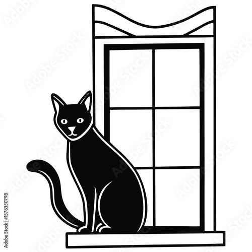 Black cat sitting on windowsill looking out window silhouette