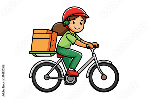 Delivery Service by Bicycle: A cheerful bicycle courier is depicted skillfully riding, navigating swiftly through urban streets. With a box secured, she delivers goods.