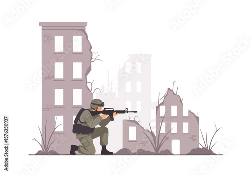 Flat Style Detailed Soldier Aiming Gun In War Zone Illustration