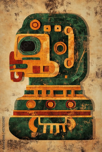 Aztec or Mayan style mask or sculpture on textured background.