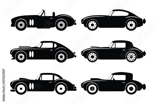 Classic Car Silhouette Collection: A set of six sleek, vintage automobiles, rendered in monochrome silhouette, ready to evoke the charm of a bygone era and the thrill of the open road.