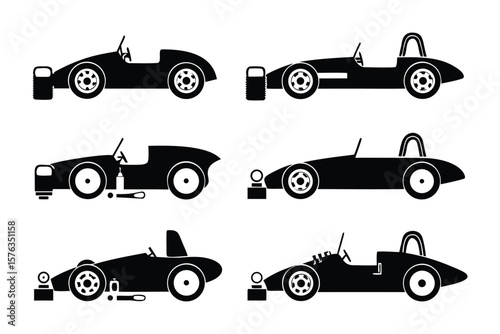 Race Car Silhouettes Collection: A set of six distinct silhouette illustrations of classic race cars, showcasing various designs and perspectives. Perfect for projects related to motorsport, speed.