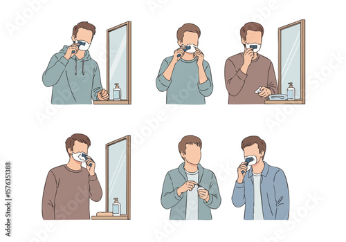 Flat Line Art Man Shaving Facial Hair Routine Illustration Set
