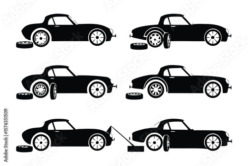 Car Maintenance and Tire Replacement :A stylized depiction of a black sports car undergoing tire changes, emphasizing the concepts of vehicle care and automotive maintenance.