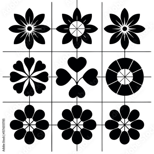 Nine black floral designs arranged in a tic tac toe grid pattern