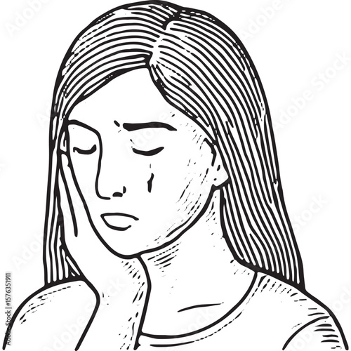 Sad Woman with Hands on Face - Depression Mental Health Illustration