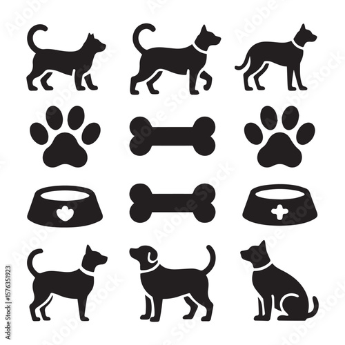 A collection of black dog silhouettes, including paws, bones, and food bowls, representing various pet activities and symbols