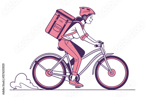 Delivery Rider on Bicycle: A dynamic line illustration of a delivery rider, effortlessly navigating a bicycle, delivering goods efficiently in a sleek and modern design. 