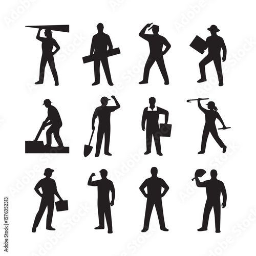 A mosaic of black silhouettes showcasing diverse workers in action, holding tools and materials related to their trades