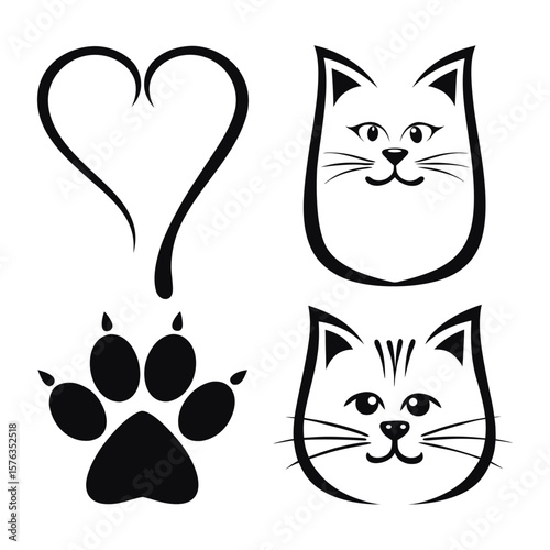 Cute vector cartoon illustration of various pet cats, kittens, and a dog