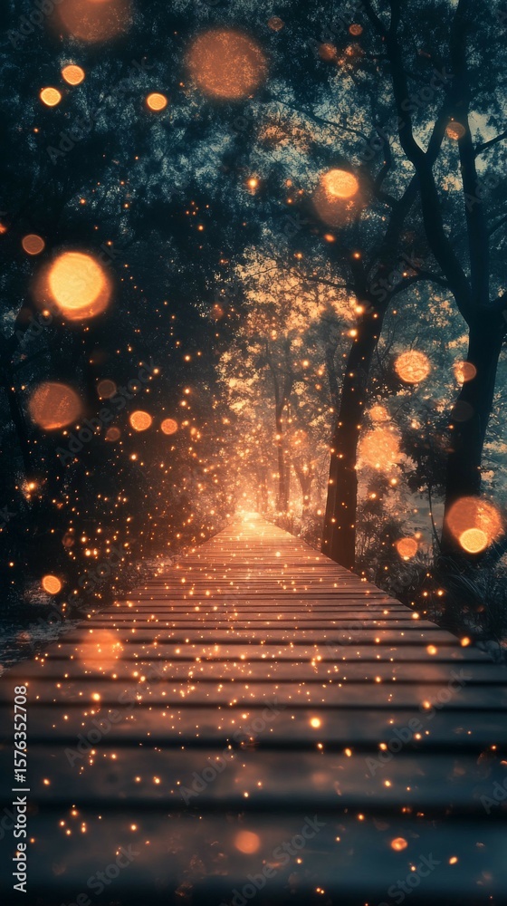Fototapeta premium Walking Along Wooden Path with Bokeh Lights in a Forest