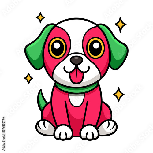 Cartoon dog sitting happily with colorful fur and big eyes  
