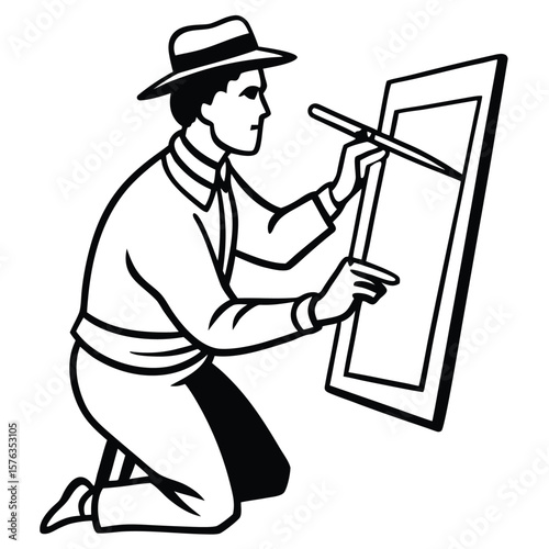 Artist painting on canvas while kneeling wearing a hat and gloves silhouette