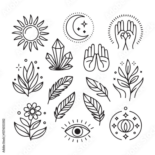 A mystical collection of symbols including the sun, moon, crystals, feathers, and hands, representing spiritual growth