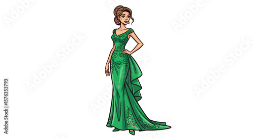 Elegant woman in a long green gown with intricate lace details posing gracefully with hand on hip smiling