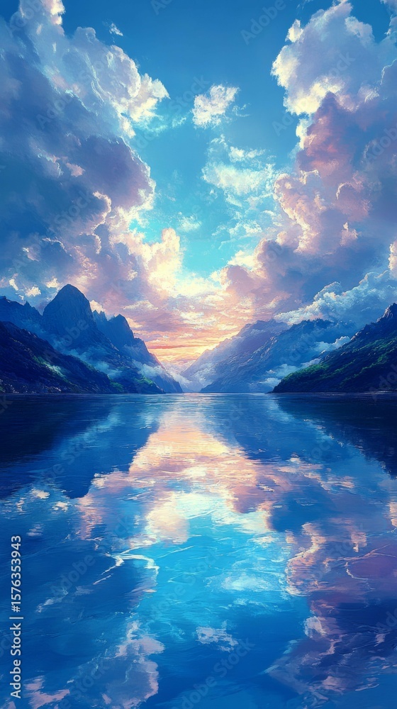 Obraz premium Lake Reflecting Mountains and Clouds at Sunset Scenic Landscape