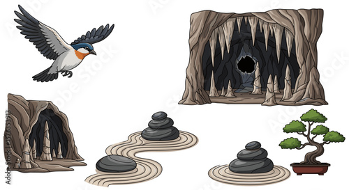 Illustration of a bird flying near caves, zen gardens, and a bonsai tree on a white background