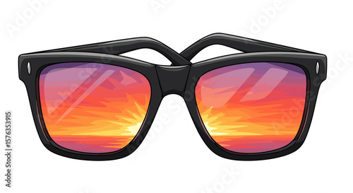 Black framed sunglasses reflecting a vibrant sunset over the ocean in the lenses creating a cool effect