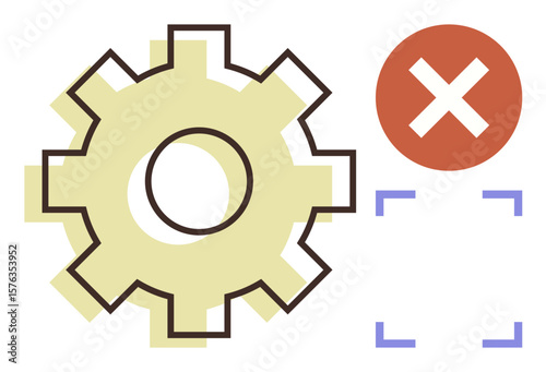Yellow gear with a red cross mark and purple brackets conveys system failure, error, or process disruption. Ideal for technology, software, workflow, problem-solving, alert systems, diagnostics