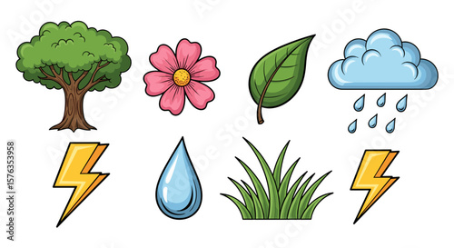 Illustration of nature elements including a tree flower leaf cloud raindrops lightning and grass