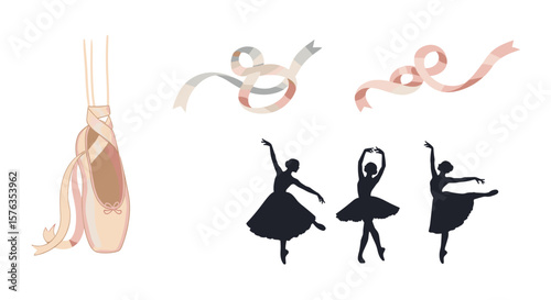 Illustration showing a ballet shoe, two ribbons, and three ballerinas in silhouette on a white background