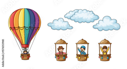 Illustration of a hot air balloon with people in baskets and three fluffy clouds in the sky above them