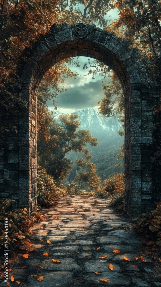 Obraz premium Stone Archway Leading to Mountain View with Autumn Leaves